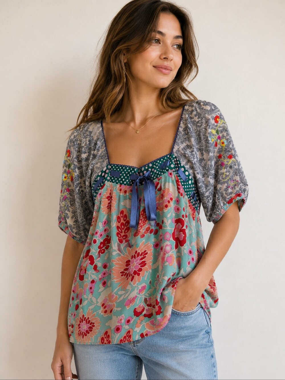 Fei Silk & Cotton Embroidered Mixed Print Boho Peasant Top Size 8